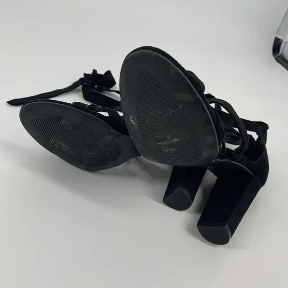 Torrid Ankle Wrap Faux Suede Block High Heels 9.5 W Wide Womens Black Open Toe - Picture 7 of 8